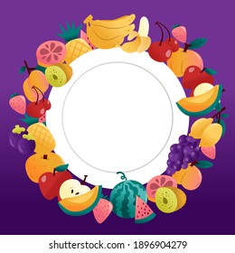 A cartoon vector illustration of fun summer fruits around a white plate copy space on a purple background.