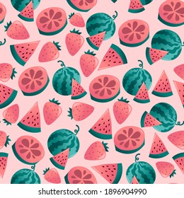A cartoon vector illustration of fun tropical fruits seamless pattern background.