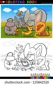 Cartoon Vector Illustration of Funny African Wild Animals like Elephant, Hippo, Lion and Monkey for Coloring Book or Coloring Page