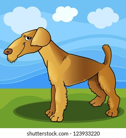 Cartoon Vector Illustration of Funny Airedale Terrier Dog against Blue Sky