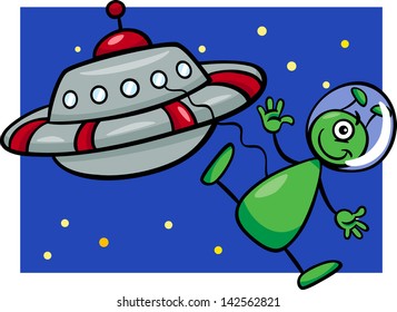 Cartoon Vector Illustration of Funny Alien or Martian Comic Character with Flying Saucer or Spaceship or Ufo