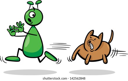 Cartoon Vector Illustration of Funny Alien or Martian Comic Character Running Away form Dog