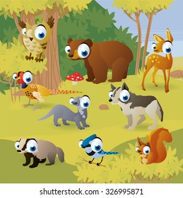 Cartoon vector illustration. Funny animals in the wood. Bear, owl, deer, pheasant, otter, wolf, squirrel, badger and jay
