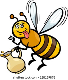 Cartoon Vector Illustration of Funny Bee with Pot of Honey or Nectar