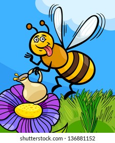 Cartoon Vector Illustration of Funny Bee on the Meadow with Pot of Honey or Nectar