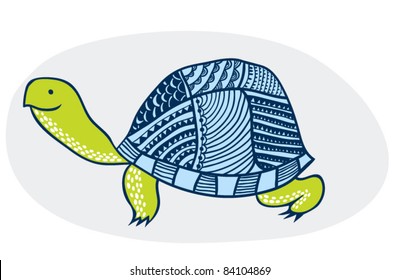 cartoon vector illustration of funny big turtle, ornamental stylization of tortoise