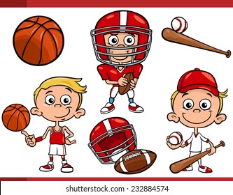 Cartoon Vector Illustration of Funny Boy with American Football and Basketball and Baseball Sport Equipment