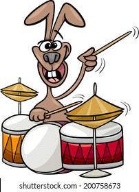 Cartoon Vector Illustration of Funny Bunny Playing Rock on Drums