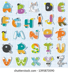 Cartoon vector illustration of funny capital letters alphabet for children education 