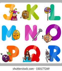 Cartoon Vector Illustration of Funny Capital Letters Alphabet with Objects for Language and Vocabulary Education for Children from J to R