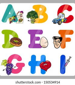 Cartoon Vector Illustration of Funny Capital Letters Alphabet with Objects for Language and Vocabulary Education for Children from A to I