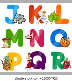 Cartoon Vector Illustration of Funny Capital Letters Alphabet with Objects for Language and Vocabulary Education for Children from J to R