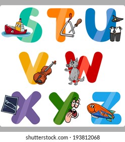 Cartoon Vector Illustration of Funny Capital Letters Alphabet with Objects for Language and Vocabulary Education for Children from S to Z