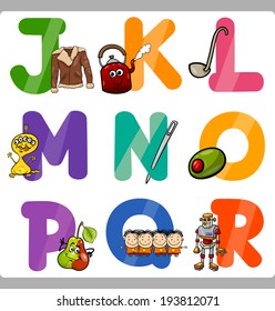 Cartoon Vector Illustration of Funny Capital Letters Alphabet with Objects for Language and Vocabulary Education for Children from J to R