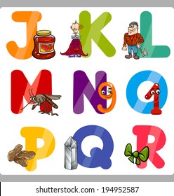 Cartoon Vector Illustration of Funny Capital Letters Alphabet with Objects for Reading and Writing Education for Children from J to R