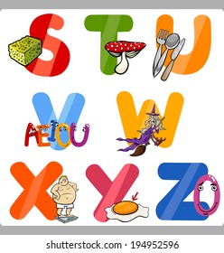 Cartoon Vector Illustration of Funny Capital Letters Alphabet with Objects for Reading and Writing Education for Children from S to Z