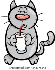 Cartoon Vector Illustration of Funny Cat Drinking Milk