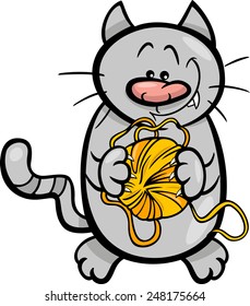 Cartoon Vector Illustration of Funny Cat with Ball of Wool
