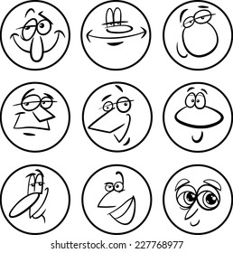 Cartoon Vector Illustration of Funny Comics Characters or Faces Black and White Set