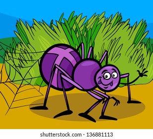 Cartoon Vector Illustration of Funny Cross Spider Insect on the Meadow