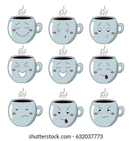 Cartoon vector illustration. Funny cup of coffe with different emotions