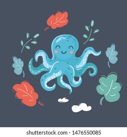 Cartoon vector illustration of funny cute cartoon animal. Octopus on dark background.