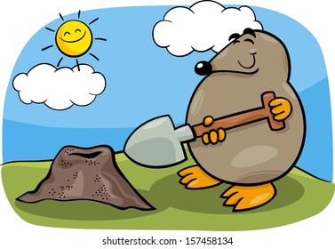 Cartoon Vector Illustration of Funny Cute Mole with Shovel