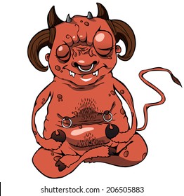 Cartoon vector illustration of funny devil or demon sit and maditate in hell