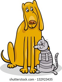 Cartoon Vector Illustration of Funny Dog and Cute Tabby Cat in Friendship