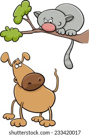 Cartoon Vector Illustration of Funny Dog Character and Cat on a Tree Branch