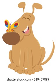 Cartoon Vector Illustration of Funny Dog Animal Character with Butterfly