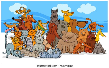 Cartoon Vector Illustration of Funny Dogs and Cats Animal Characters Group