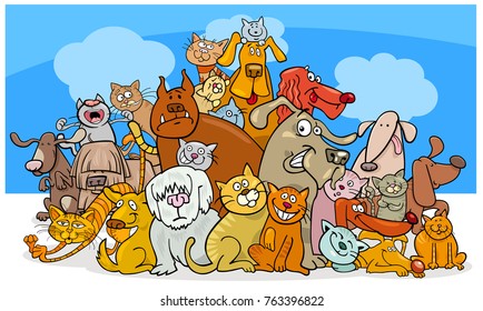 Cartoon Vector Illustration of Funny Dogs and Cats Characters Group