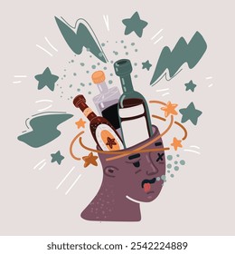 Cartoon vector illustration of Funny drunk man. Bottles of wine in his head. Alcoholism, alcohol addiction.