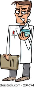 Cartoon Vector Illustration of Funny Evil Scientist with Substance in Vial
