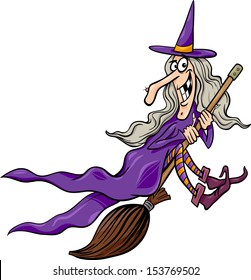 Cartoon Vector Illustration of Funny Fantasy or Halloween Witch Flying on Broom