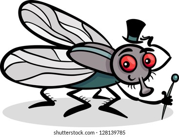Cartoon Vector Illustration of Funny Fly or Housefly with Hat and Cane