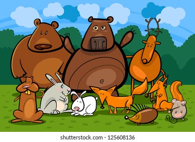 Cartoon Vector Illustration of Funny Forest Wild Animals like Bears, Hedgehog, Deer, Hare and Fox against Forest, Meadow and Blue Sky