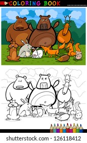 Cartoon Vector Illustration of Funny Forest Wild Animals like Bears, Hedgehog, Deer, Hare and Fox for Coloring Book or Coloring Page