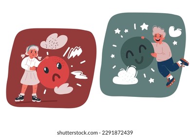 Cartoon vector illustration of Funny girl is holding a sad, angry emoji. Emoticon in her hands and boys hold happy emoji in his hands.