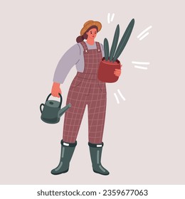 Cartoon vector illustration of Funny happy girl taking care of houseplants growing in planters. Young cute woman cultivating potted plants at home.