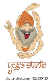 Cartoon Vector Illustration of Funny Indian Man Practicing Yoga Position, Asana