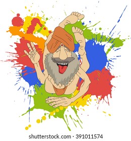 Cartoon Vector Illustration of Funny Indian Man Practicing Yoga Position on holi colorful background