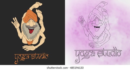 Cartoon Vector Illustration of Funny Indian Man Practicing Yoga Position, Asana