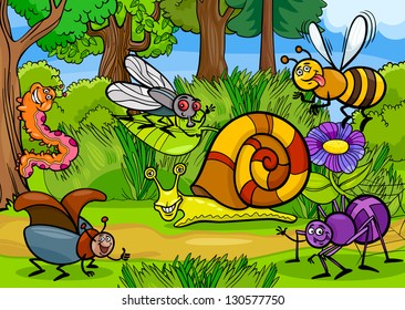 Cartoon Vector Illustration of Funny Insects or Bugs on the Meadow Natural Rural Background Scene