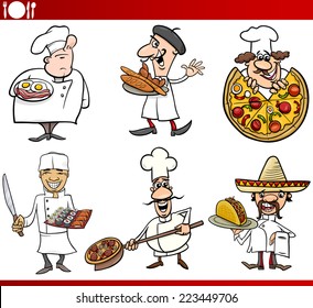 Cartoon Vector Illustration of Funny International Cuisine Chefs with Food Dishes