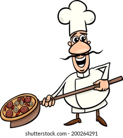 Cartoon Vector Illustration of Funny Italian Cook or Chef with Pizza