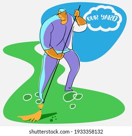 Cartoon Vector illustration of Funny Janitor Man with Broom or Caretaker