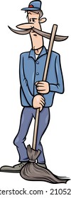Cartoon Vector illustration of Funny Janitor Man with Broom or Caretaker