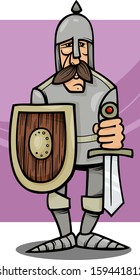 Cartoon Vector Illustration of Funny Knight in Armor with Sword and Shield